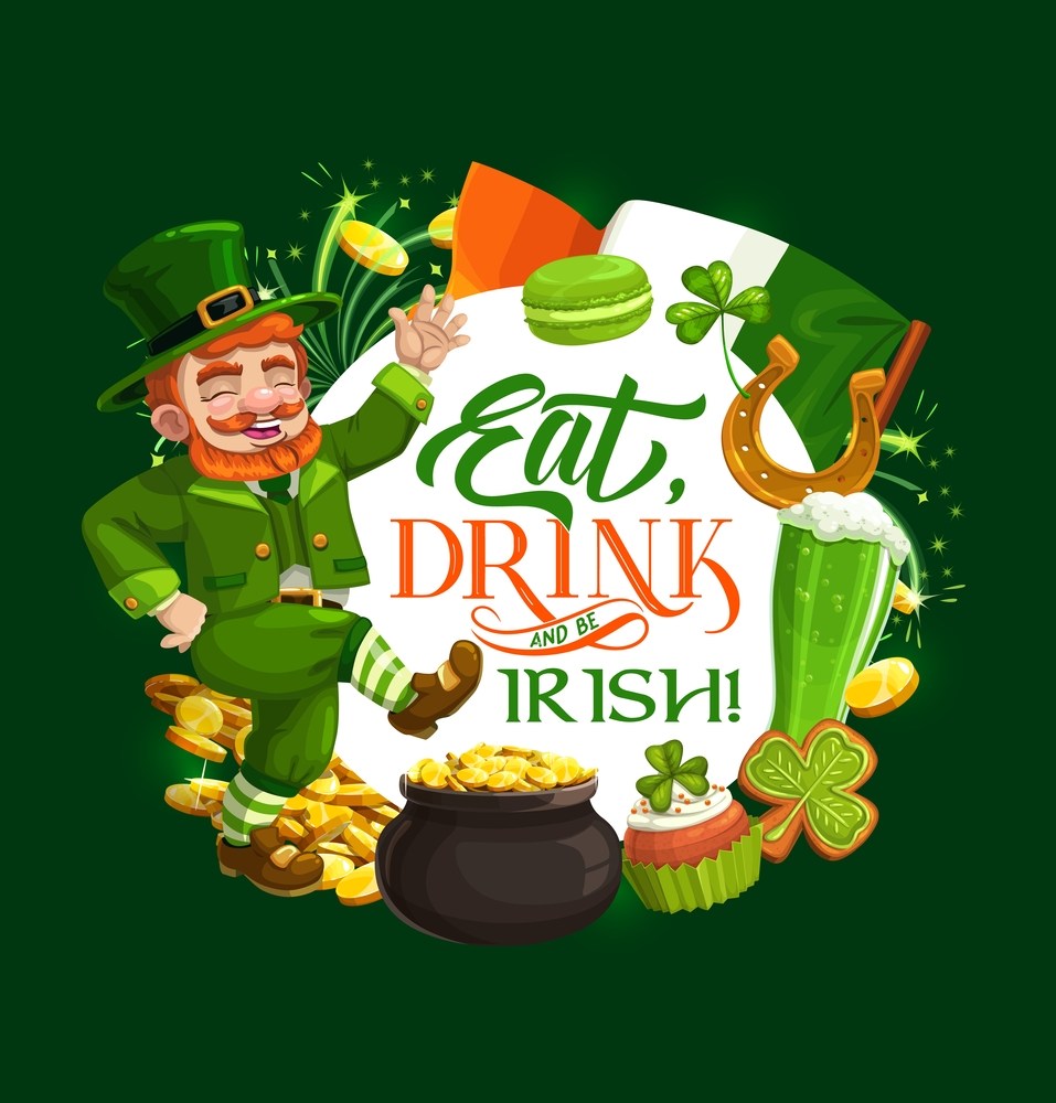 Patrick Day. Leprechaun Dancing With Shamrock Dancing leprechaun vector design of St Patricks Day Irish holiday. Green shamrock, gold and lucky horseshoe, golden coins pot, flag of Ireland, clover leaves and celtic elf treasure cauldron