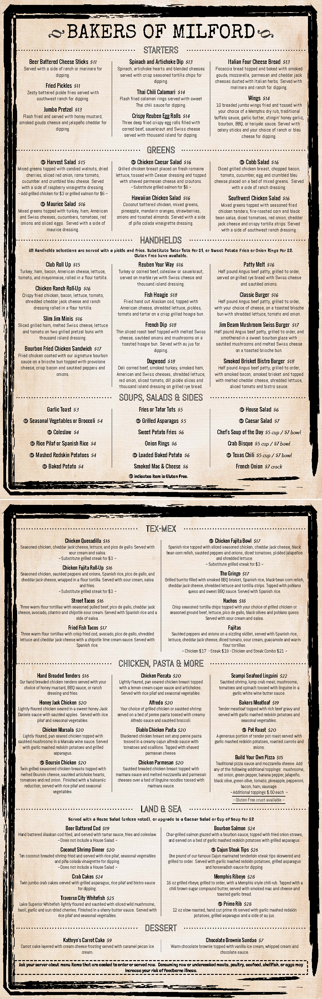bakers of milford 2025 full menu